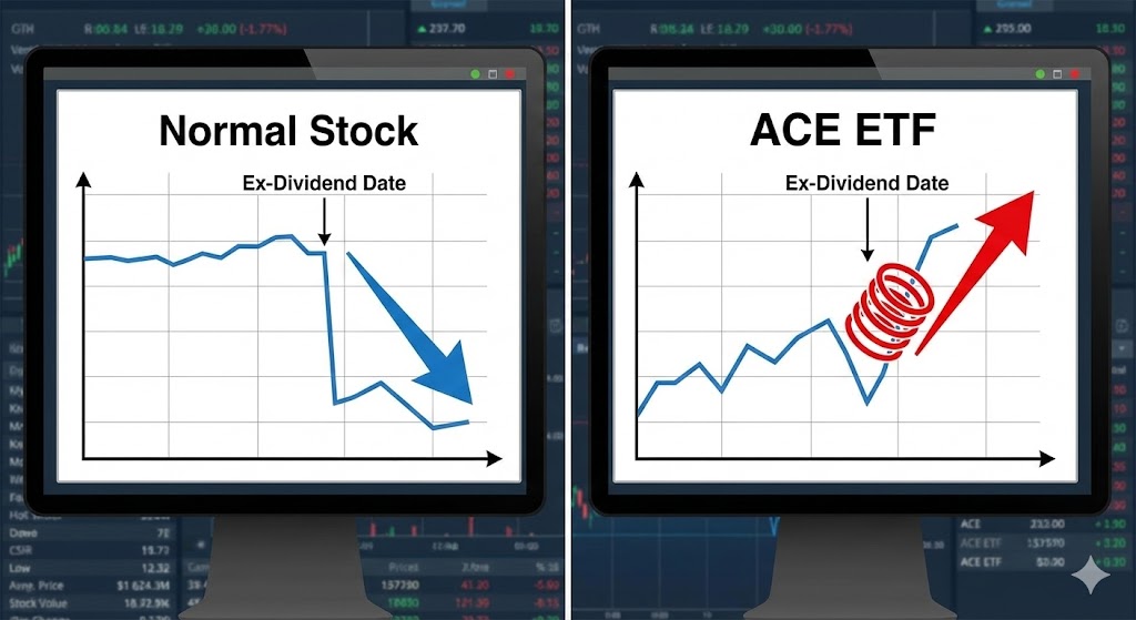 배당락 후 주가가 곤두박질치는 A기업과, 용수철처럼 튀어 올라 회복하는 B기업(ACE ETF)을 비교한 그래프