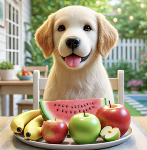 과일 앞에서 웃는 강아지