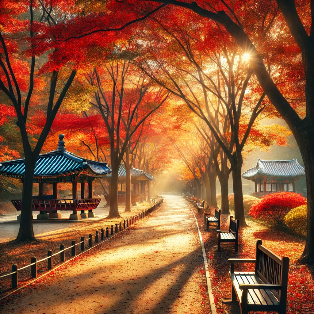 인천 월미공원의 가을 단풍이 든 나무들과 전통 정자가 어우러진 아름다운 풍경