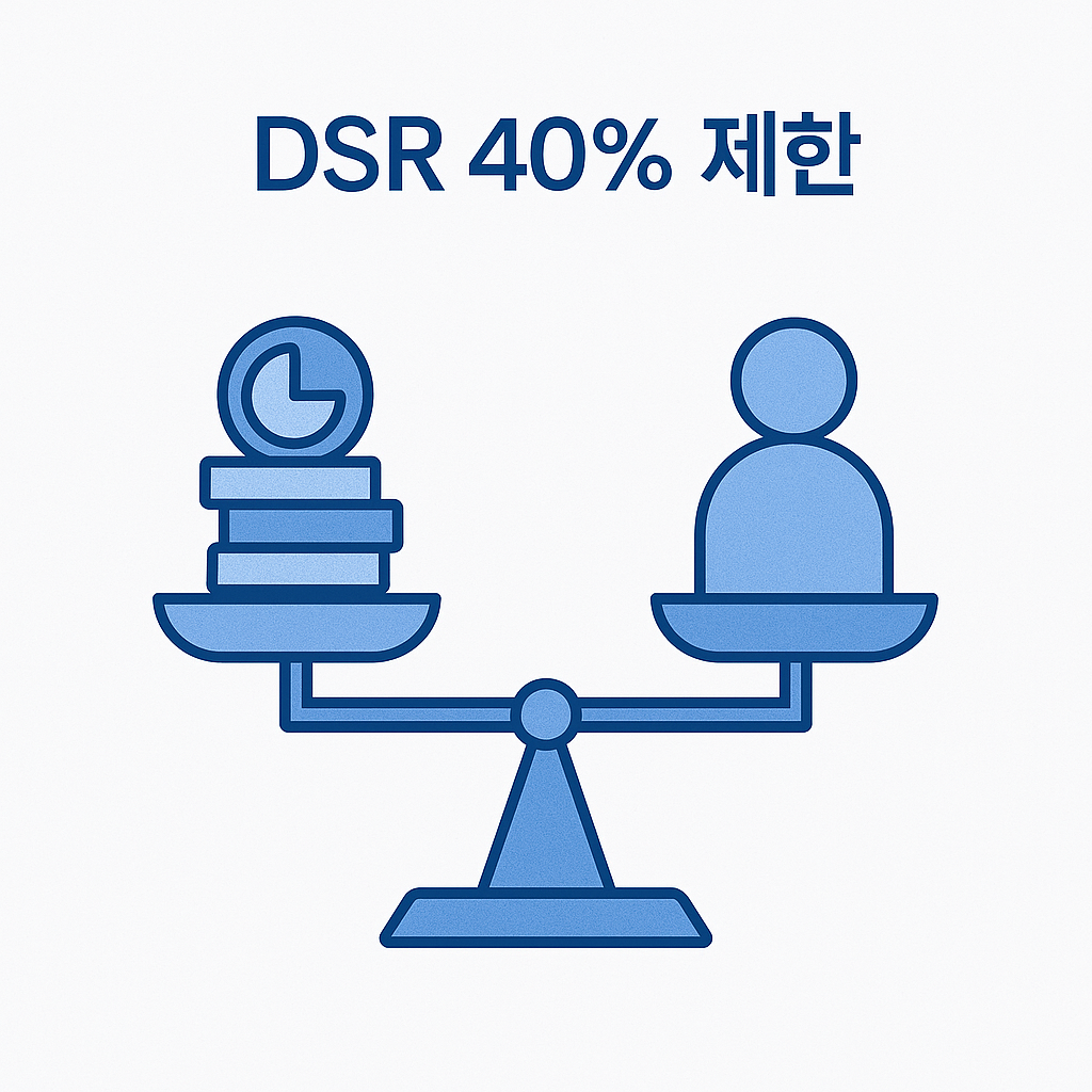 DSR 40% 제한을 표현한 저울 이미지로, 한쪽에는 부채 아이콘, 다른 쪽에는 소득 아이콘을 배치한 2D 벡터 인포그래픽