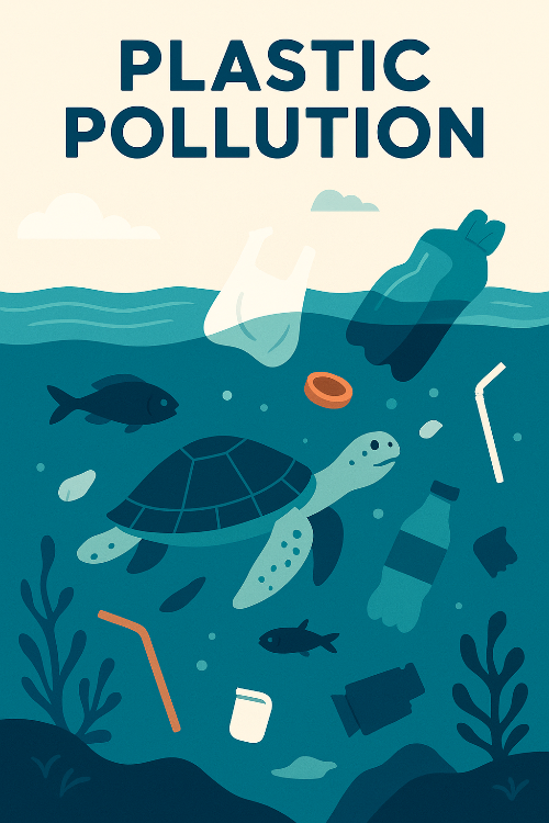 푸른 바다 위에 플라스틱 병, 비닐봉지, 빨대 등이 떠 있고, 그 사이로 물고기와 바다거북이 헤엄치는 일러스트
