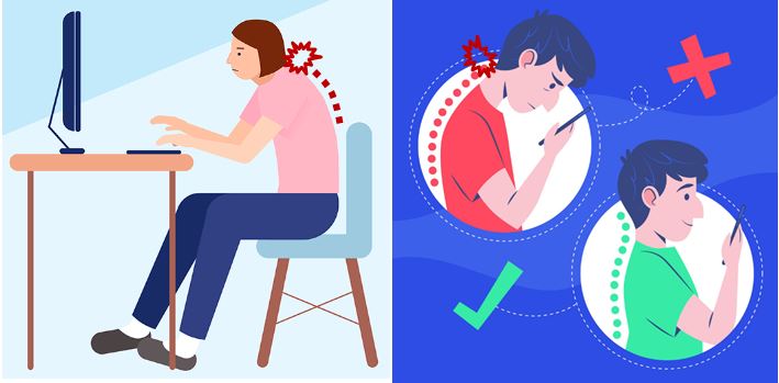 현대인 거북목 원인인 모니터를 보고 타이핑 치는 모습과 서서 스마트폰을 보는 올바르지 않은 자세와 바른 자세입니다.