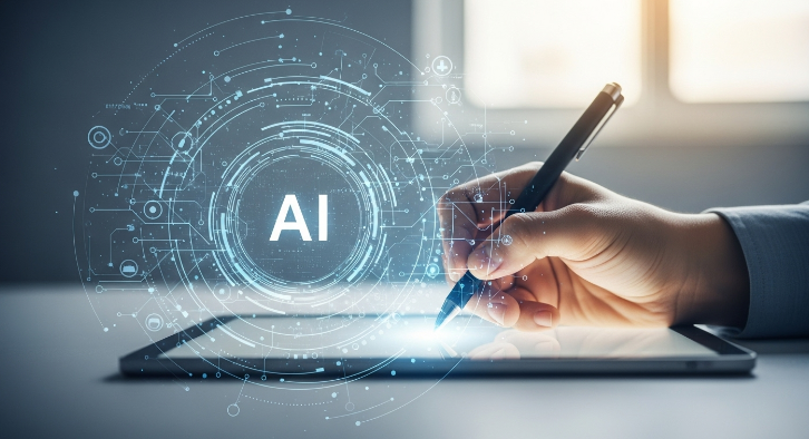 2025년 블로그 트렌드를 상징하는 이미지. 인간의 손이 펜으로 태블릿에 글을 쓰는 모습과 AI를 상징하는 푸른빛 디지털 패턴이 조화롭게 어우러져 인간 고유의 가치를 더하는 글쓰기의 중요성을 강조합니다.