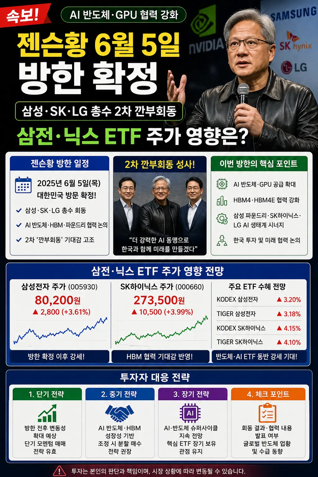 젠슨황 6월 5일 방한 확정 &mdash; 삼성&middot;SK&middot;LG 총수
2차 깐부회동, 삼전닉스 ETF 주가 이미지