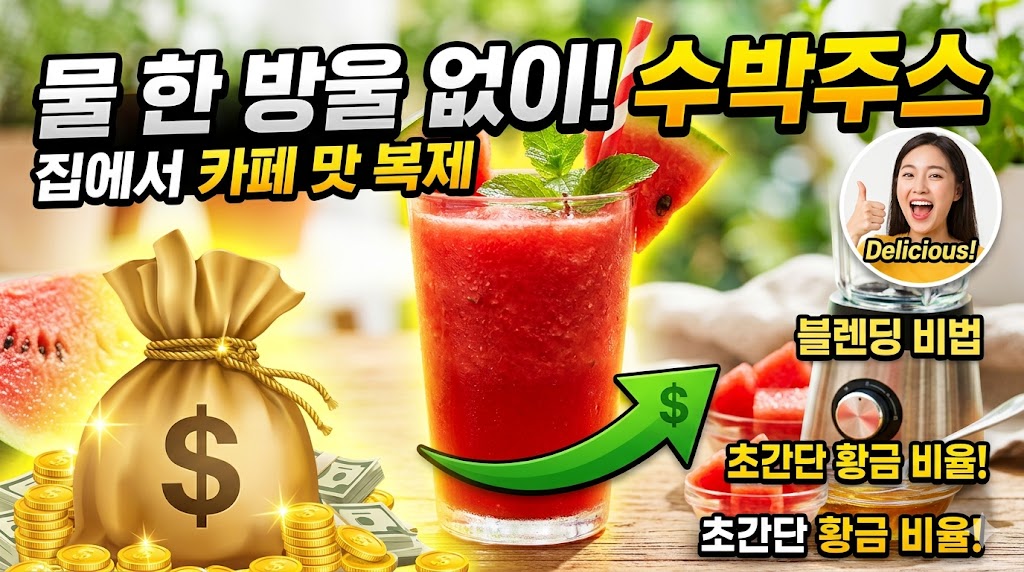 '물 한 방울 없이! 수박주스 집에서 카페 맛 복제'라는 노란색과 흰색의 강조 자막이 들어간 유튜브 및 블로그용 썸네일. 중앙의 시원한 수박 주스를 중심으로 왼쪽에는 달러 표시($)가 그려진 금전 주머니와 금화 더미가 있고, 오른쪽에는 엄지를 치켜세우며 환하게 웃는 여성의 모습과 '블렌딩 비법', '초간단 황금 비율!'이라는 문구가 배치되어 있다.