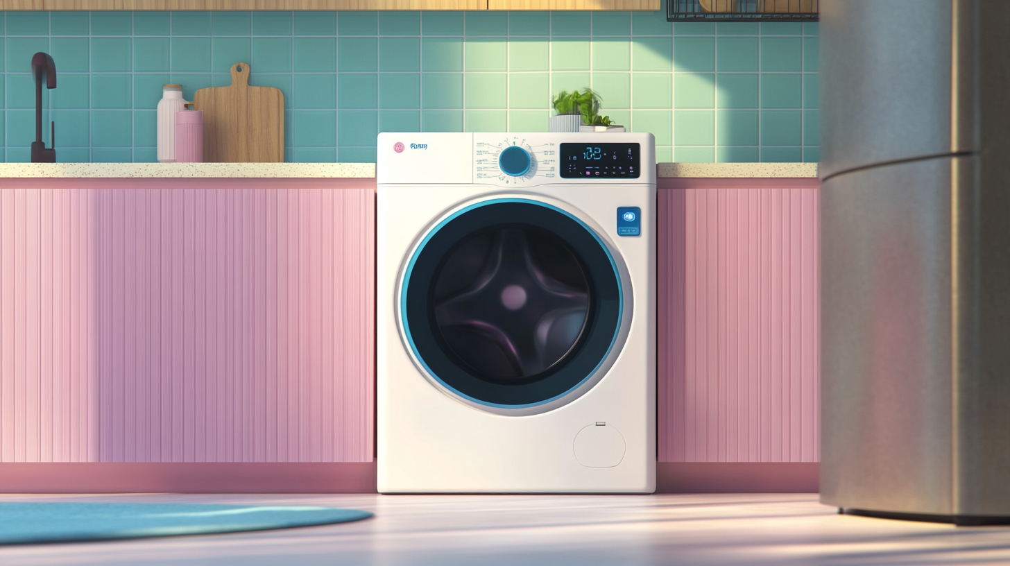 트렌디한 주방 공간에서 스마트폰과 상호작용하는 스마트 세탁기의 모습