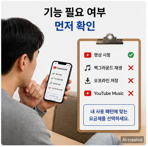 유튜브 프리미엄 라이트 사용 가능 여부를 판단하는 기준 비교 이미지