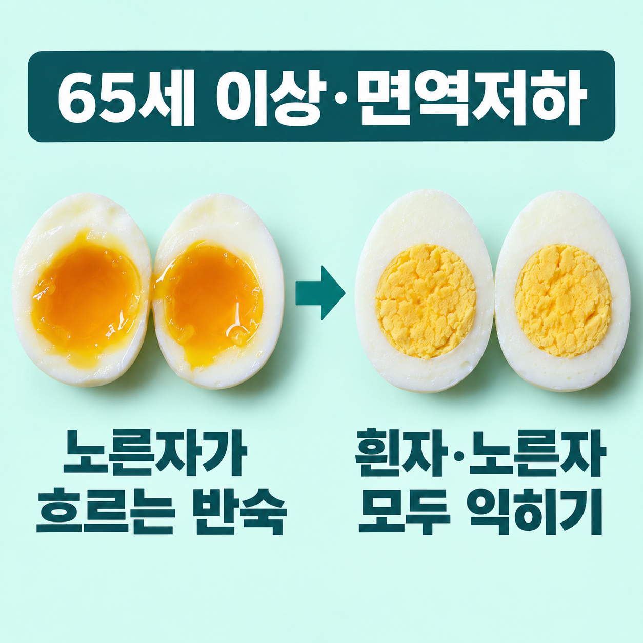 반숙달걀: 대상 &mdash; 고령&middot;면역저하 등 고위험군; 반숙달걀: 익힘 &mdash; 흰자와 노른자 모두 익히기