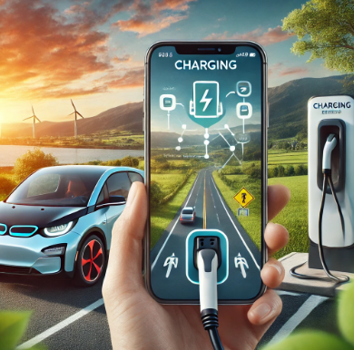 스마트폰에 충전 앱이 표시되고, 경치 좋은 도로를 따라 충전소 지도가 표시되어 있어 원활한 도로 주행을 위한 기술 사용의 편리함을 강조합니다.
