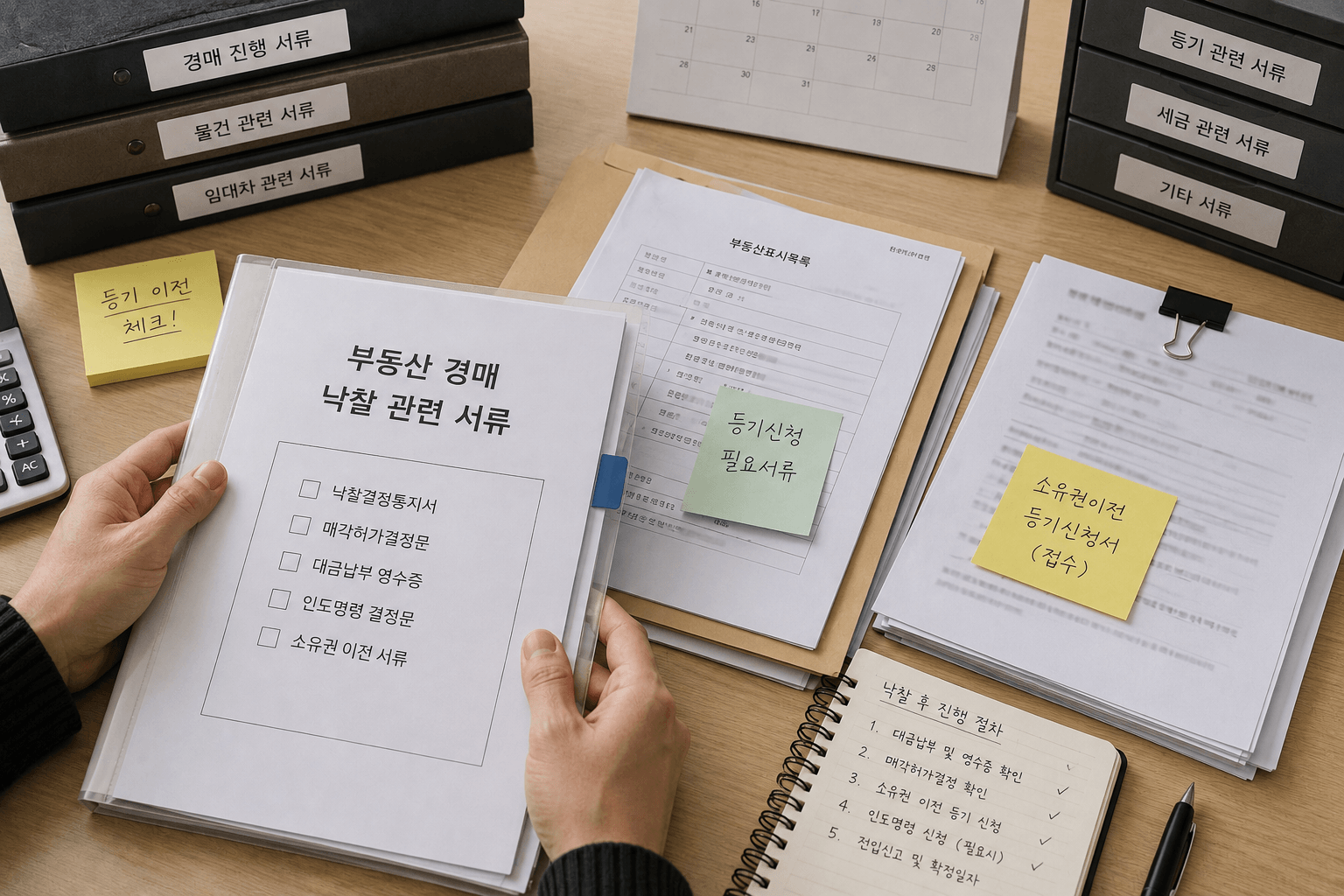 낙찰 후 서류 정리하는 사진