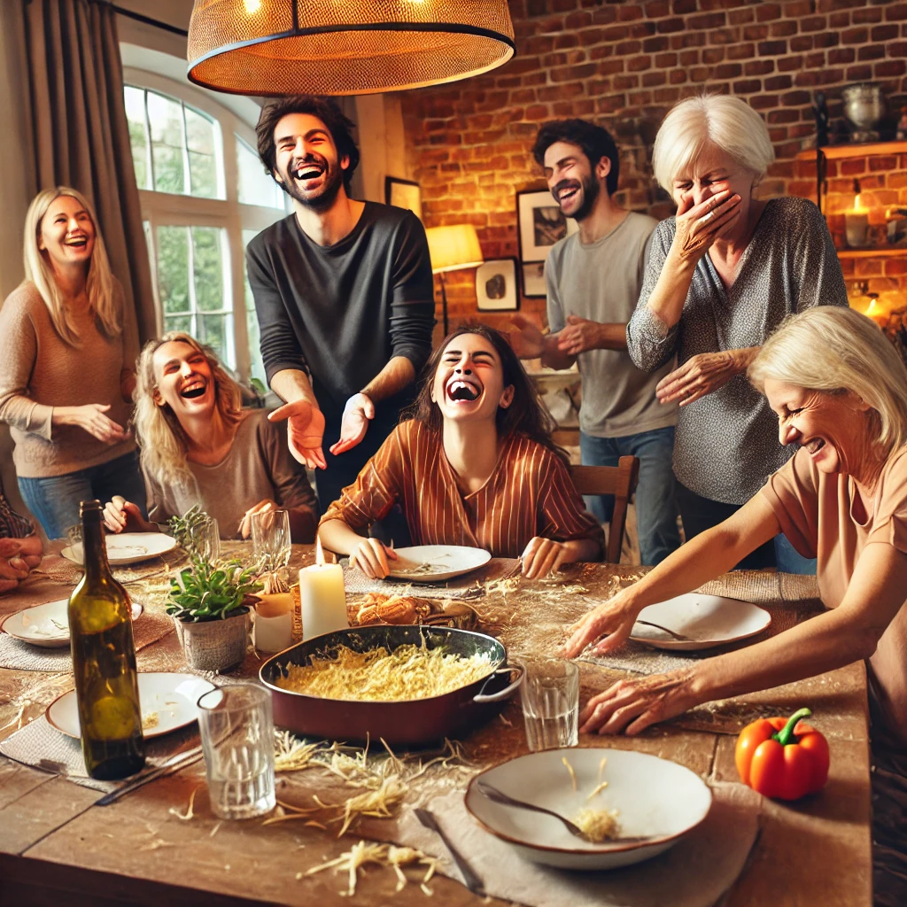 가족이 요리 실수를 즐겁게 웃음으로 넘기는 모습