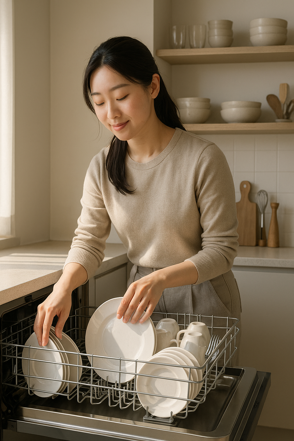 스마트홈 주방에서 식기세척기를 사용하는 여성의 모습, 식기 정리 중인 현실적인 한국 아파트 주방