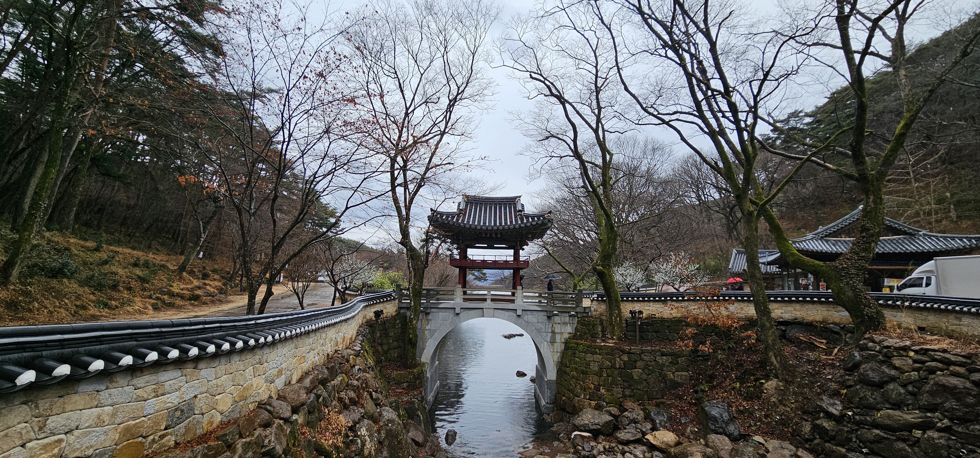 봄비 내리는 날 구례 천은사 계곡의 운치 있는 수변 풍경