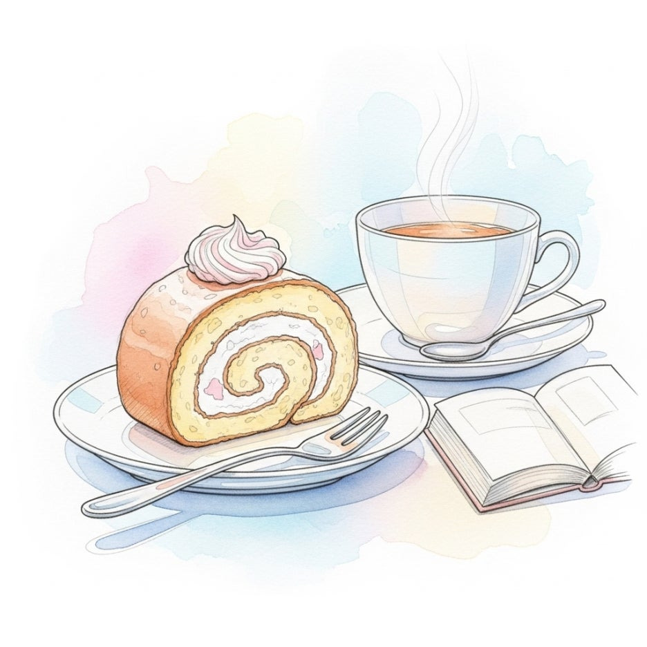 정갈하게 잘린 롤케이크와 따뜻한 차 한 잔의 여유