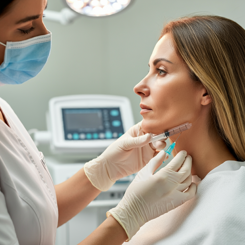 현대적인 클리닉에서 이중턱 제거 시술을 받고 있는 여성의 옆모습, 주사기를 사용하는 의료 전문인