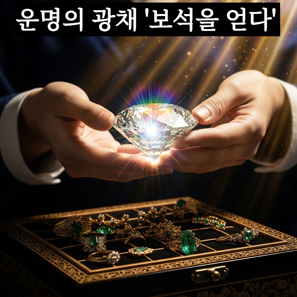 신비로운 안개 속에서 거대한 다이아몬드를 두 손으로 소중히 받고 있는 장면과 주변으로 쏟아지는 금빛 조각들을 담은 장엄하고 풍요로운 분위기의 일러스트