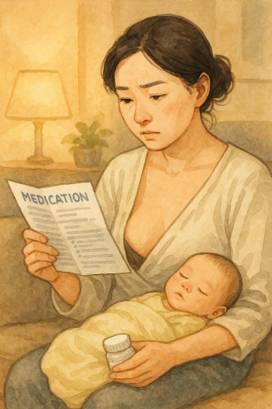 모유 수유 중 약 복용에 대해 고민하며 설명서를 들여다보는 엄마와, 곁에서 잠든 아기의 모습