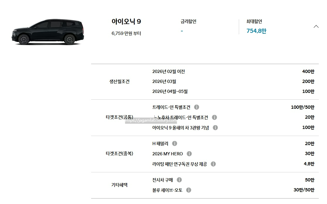 26년 6월 2027 아이오닉 9 생산월 조건, 트레이드인 특별 조건, 노후차 트레이드인 특별 조건, 아이오닉 9 올해의 차 3관왕 기념, H 패밀리, 2026 MY HERO, 라이팅 패턴 연구독권 무상 제공, 전시차 구매, 블루 세이브오토 구매 혜택