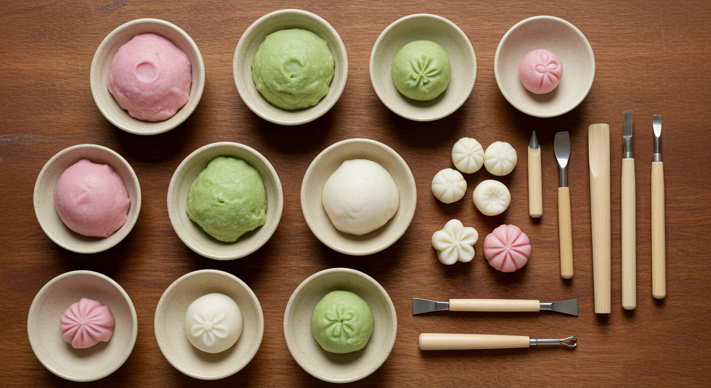 형형색색의 고운 앙금과 섬세한 화과자 도구