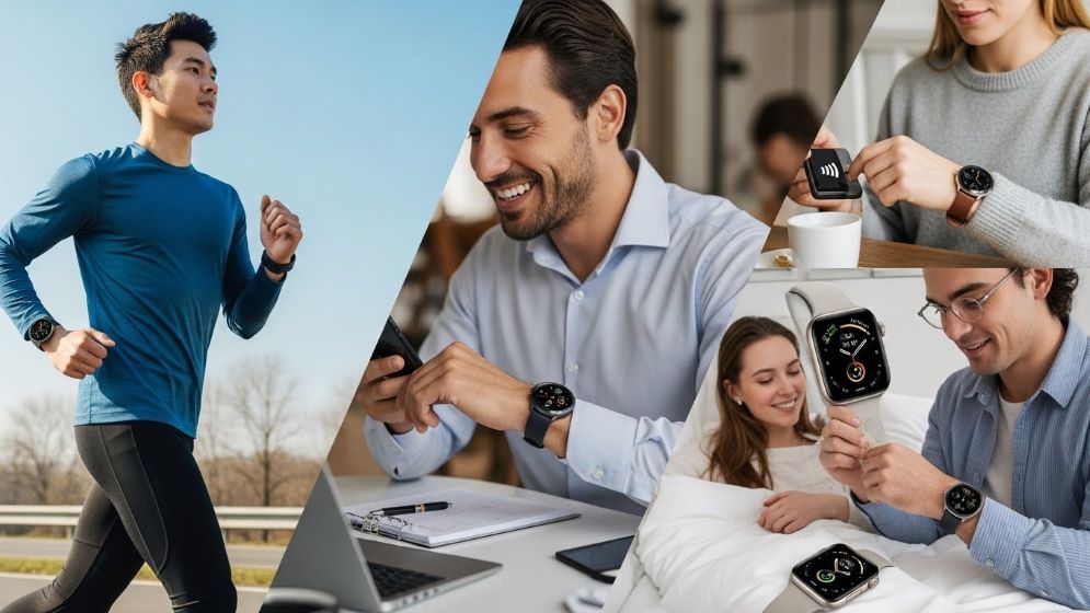 다양한 실제 시나리오에서 스마트워치를 사용하는 다양한 사람들을 묘사한 합성 이미지 또는 분할 장면입니다.