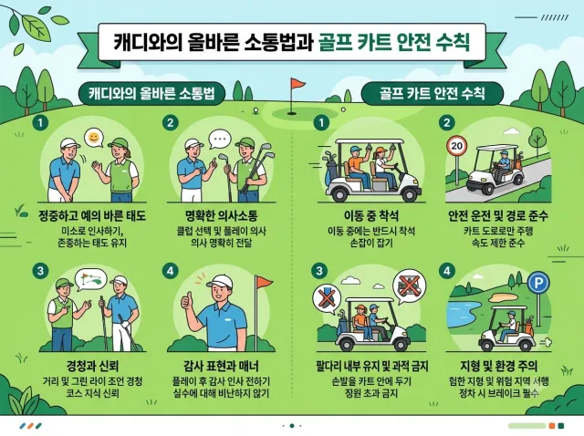 캐디와의 올바른 소통과 골프 카트 안전 수칙에 대한 설명 이미지