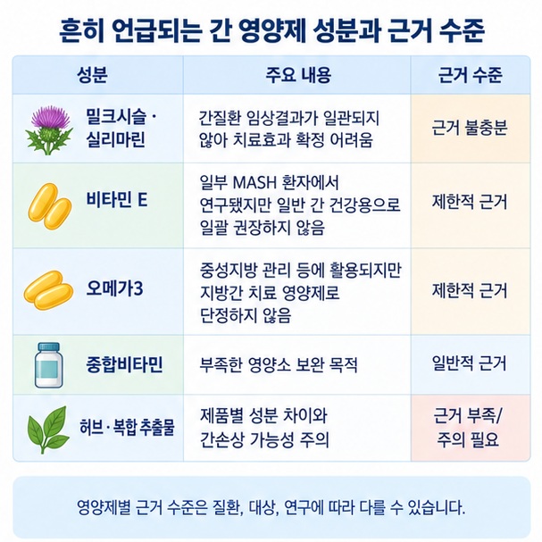 밀크시슬 비타민 E 오메가3 허브 복합제품의 간 건강 관련 근거와 한계를 비교하는 이미지