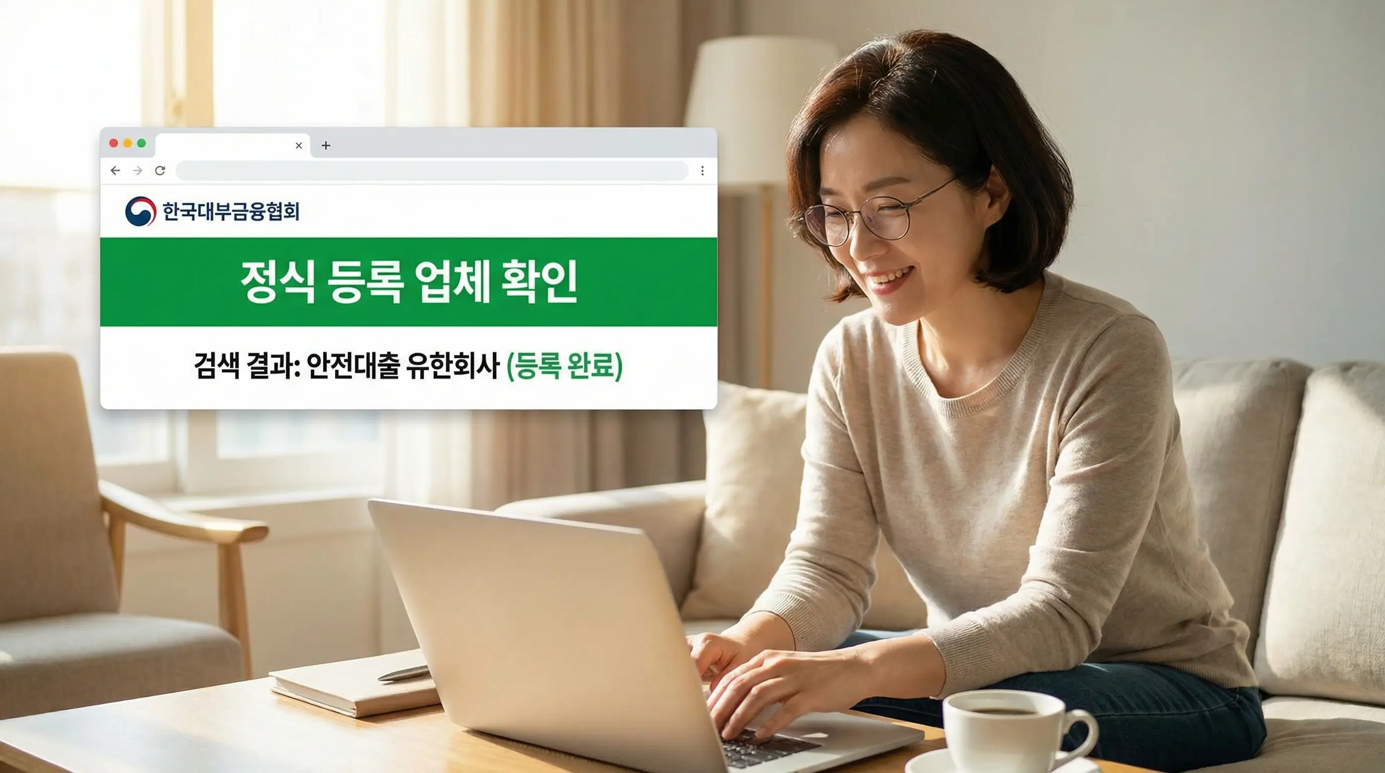 한국대부금융협회 홈페이지에서 정식 등록 업체를 확인하고 안심하며 미소 짓는 모습