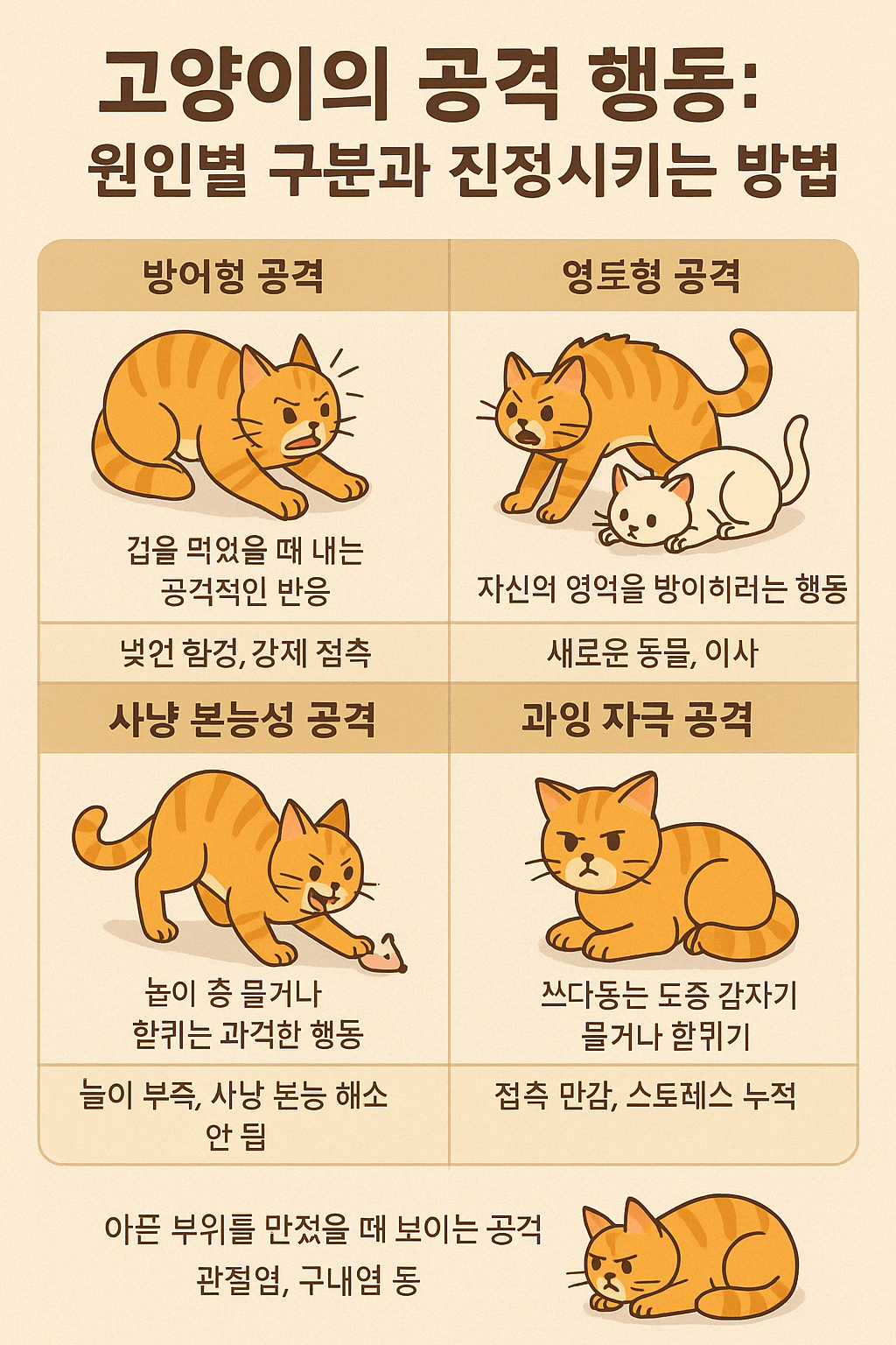 고양이의 공격행동, 감정별 원인과 진정시키는 방법