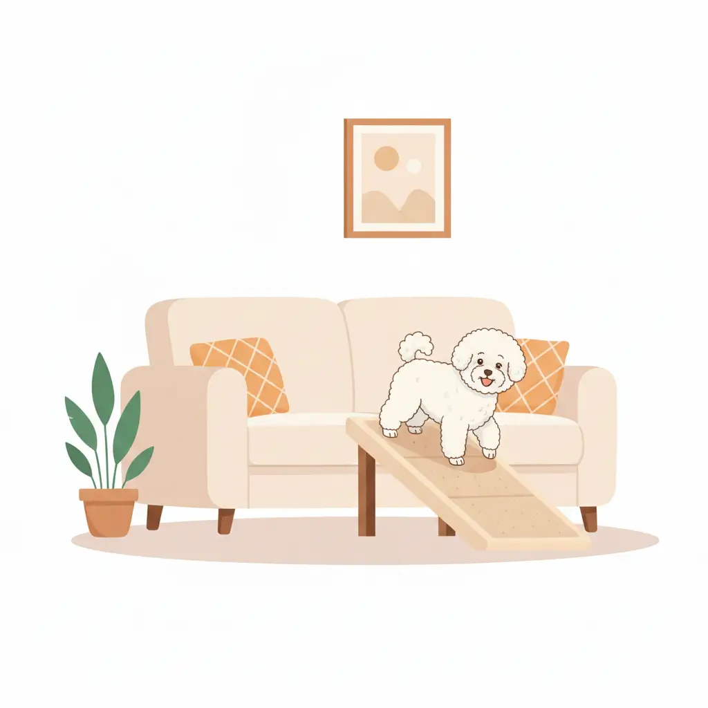 강아지용 계단을 이용하는 비숑 프리제