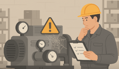 공장 창고에서 기술자가 장기 미가동 장비를 점검하는 장면으로, 노란 안전모를 쓴 작업자가 체크리스트를 보며 먼지 쌓인 기계를 확인하는 모습