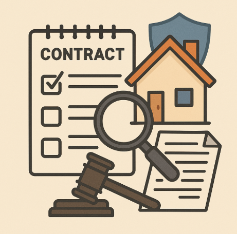 "시골 빈집 계약 주의사항을 표현한 일러스트, 계약서와 체크리스트, 돋보기, 저울과 판사의 망치, 작은 주택과 방패 아이콘이 함께 배치된 디자인"