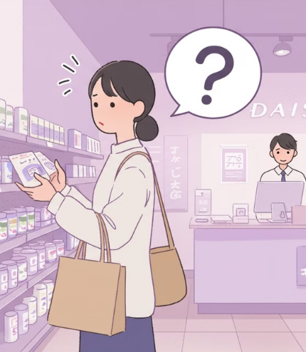 매장에서 영양제를 고르면서 궁금한 것을 생각하는 여성