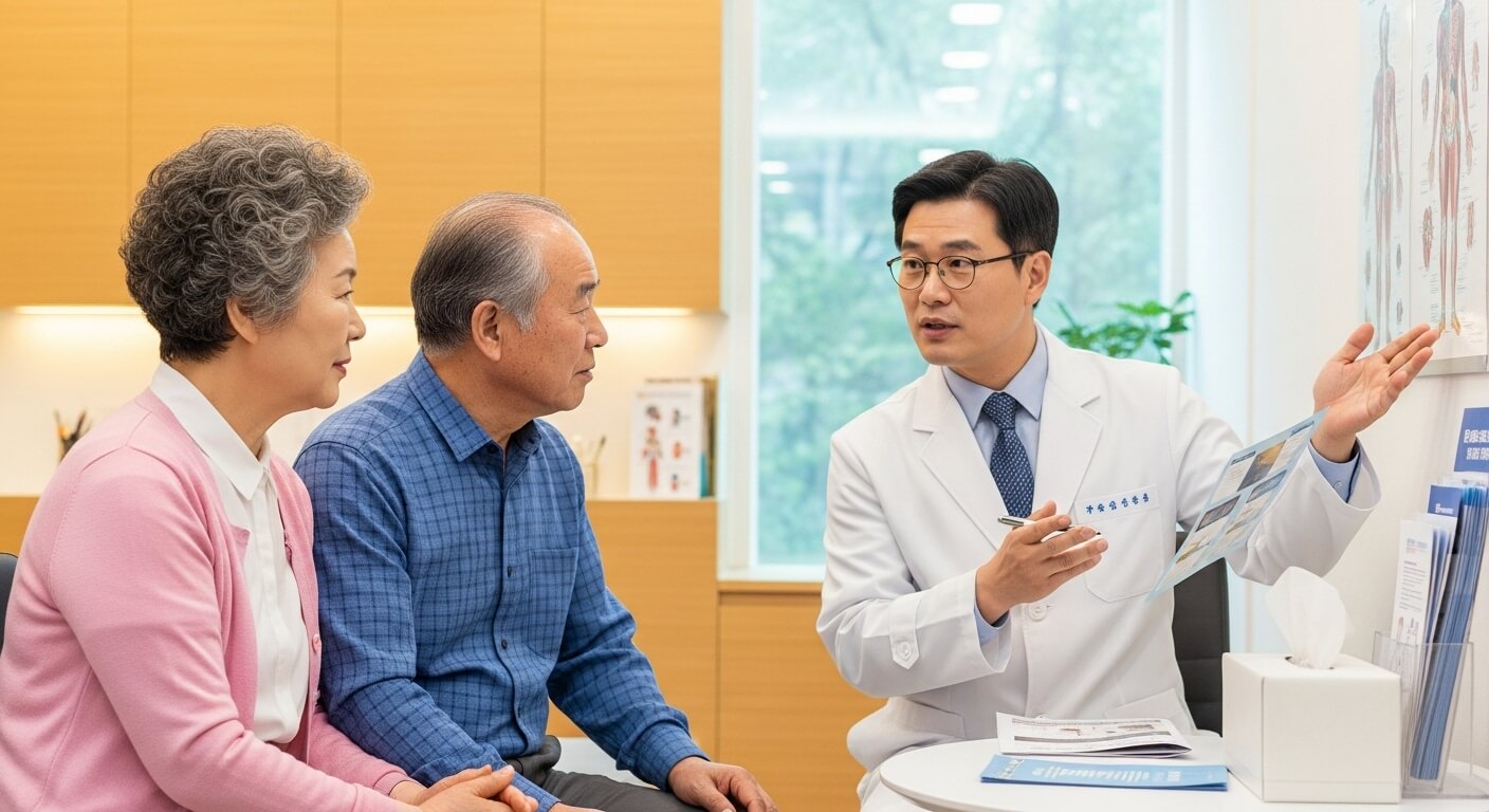 중년 부부가 의사에게 예방접종 주의사항을 듣는 모습