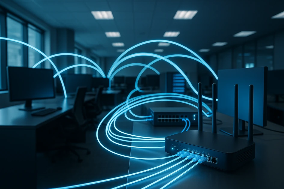 사무실 인터넷 네트워크 인프라 구성 이미지 - 광케이블과 공유기가 설치된 현대적인 사무실 환경