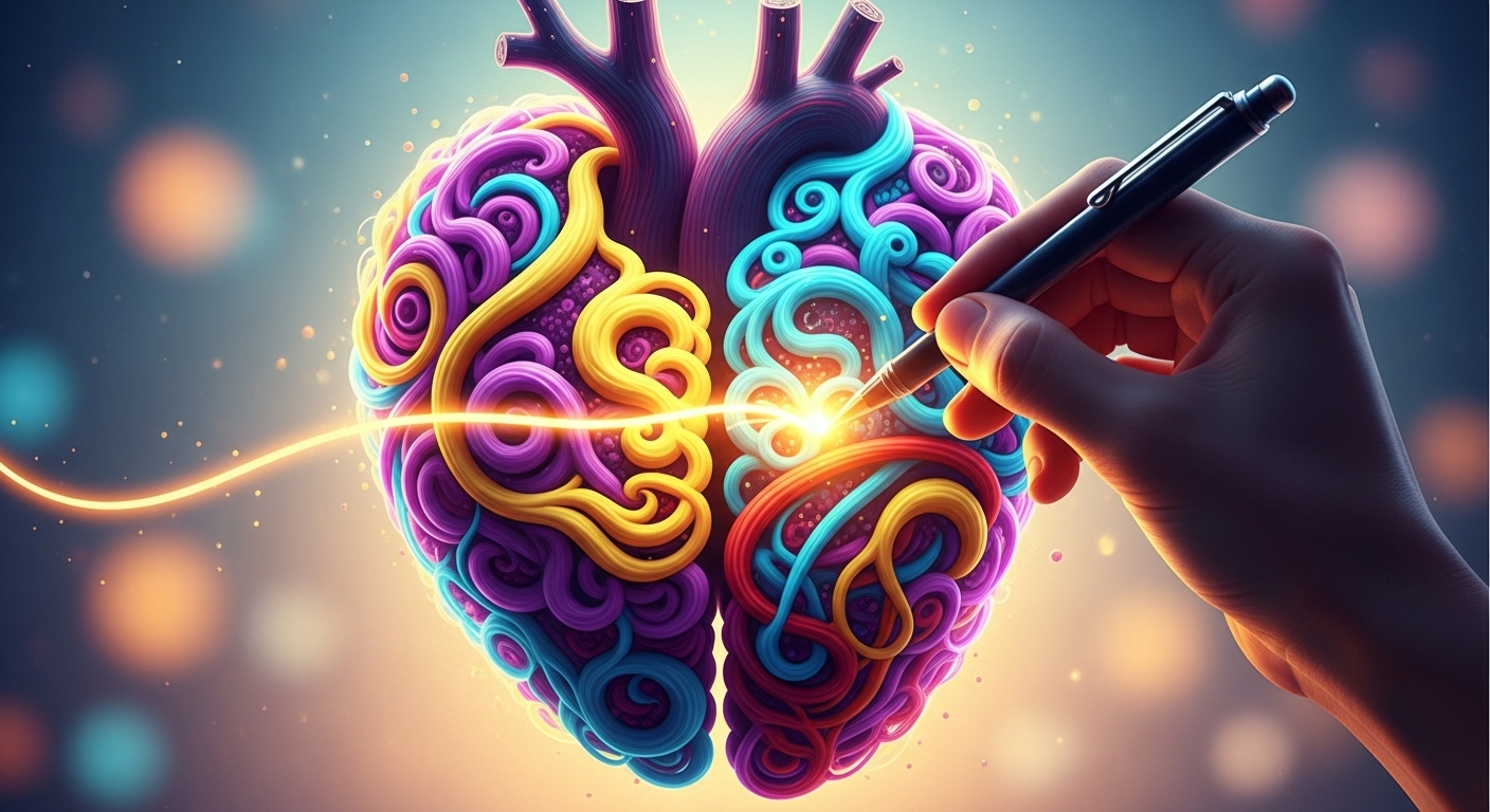 감정과 관점이 인간의 글쓰기 정체성을 만든다는 것을 상징적으로 표현한 이미지