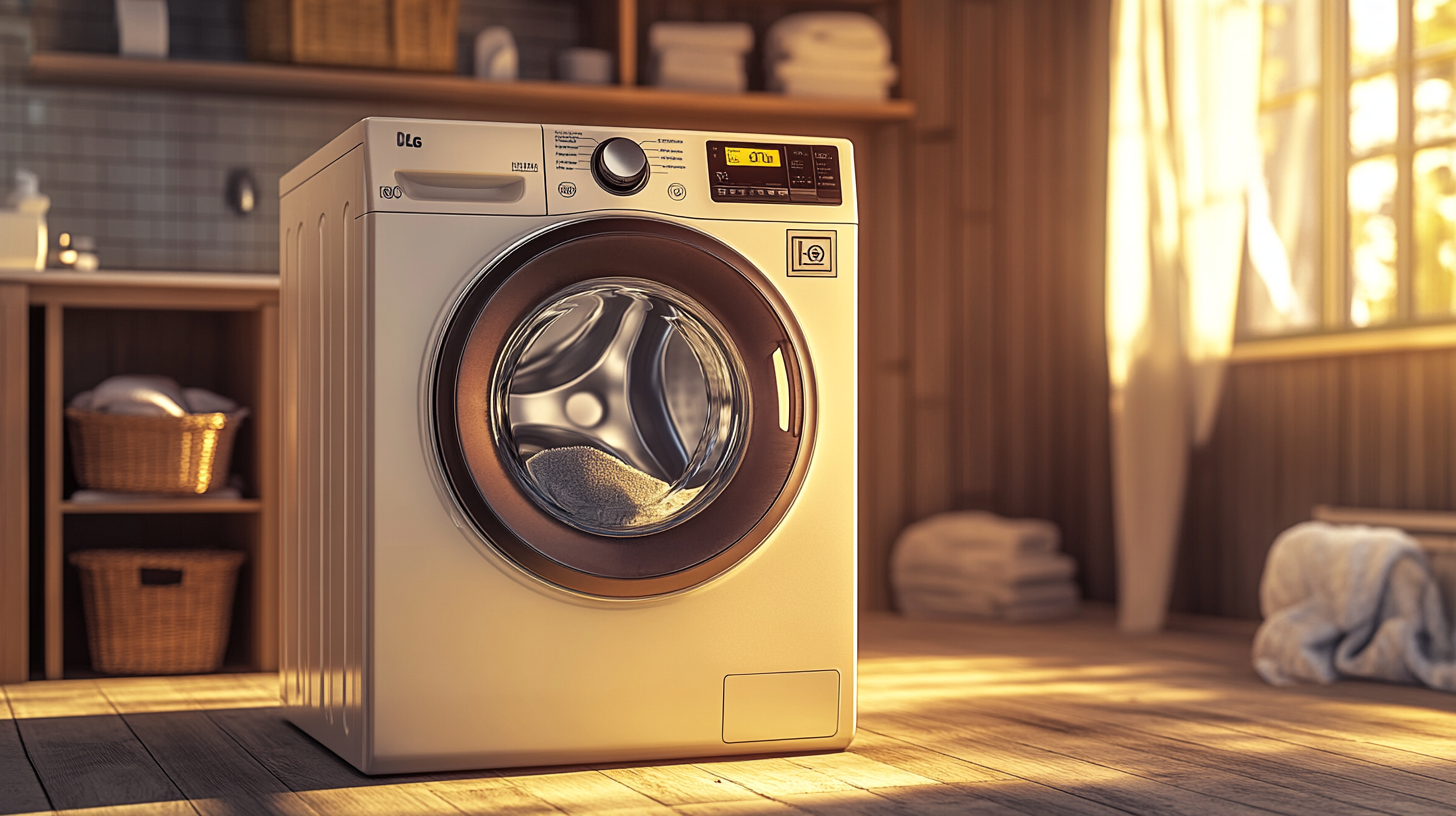 LG 가전 구독 세탁기의 전통적인 사용자 인터페이스를 가진 모습, 사용자가 직접 세탁기를 조작하는 장면. 클래식한 디자인과 따뜻한 조명이 있는 빨래방에서의 사용자 경험 연출.