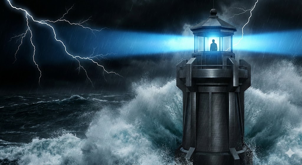 거센 비바람 속에서도 미동 없이 단단하게 서 있는 강철(타이타늄) 소재의 등대와 그 아래 평온한 투자자