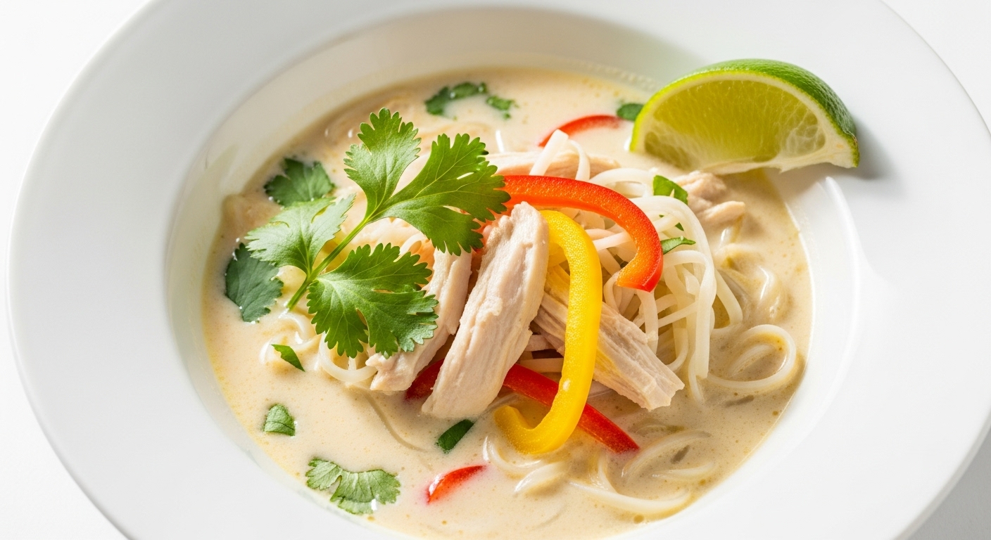 코코넛 밀크를 넣어 부드럽고 이국적인 풍미를 자랑하는 닭고기 수프, 동남아시아 느낌의 건강식.