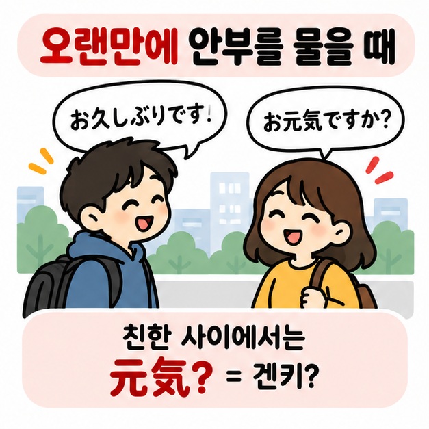오랜만에 만난 사람이나 편지 메시지에서 안부를 물을 때 오겡끼데스까를 사용하는 상황을 보여주는 카드
