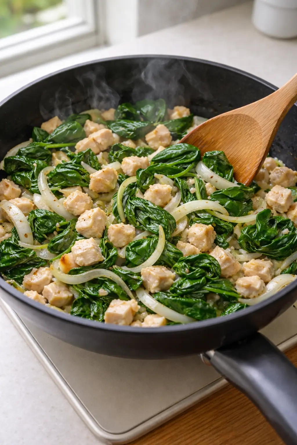 팬에서 양파와 닭가슴살, 시금치를 볶아 속재료 수분을 날리는 과정