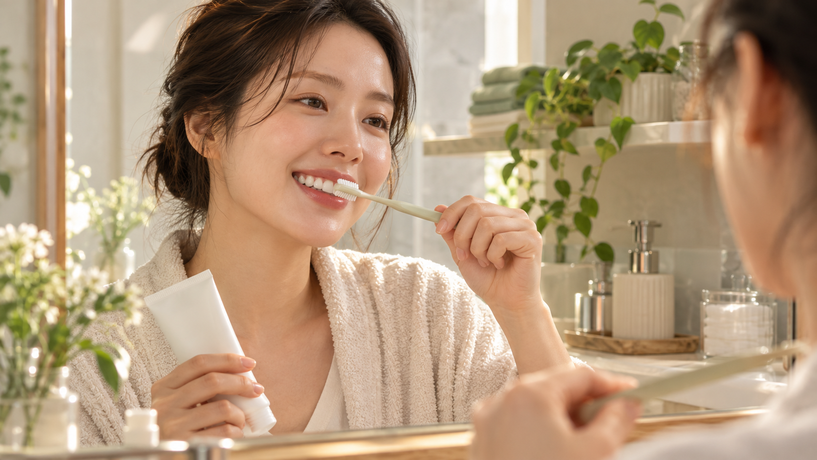 부드러운 칫솔과 치약으로 치아를 조심스럽게 닦는 여성