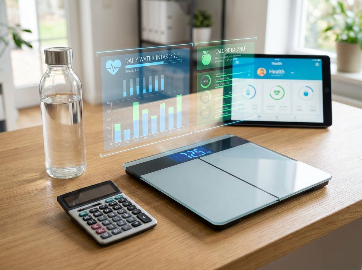 세련된 디자인의 디지털 체중계 옆에 놓인 물병과 계산기가 놓인 책상, 건강 관리를 시각화한 그래픽