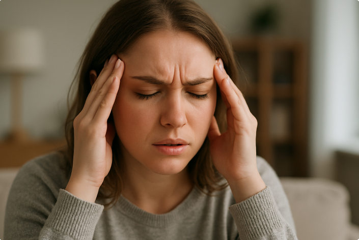 두통에 고통스러워 하는 여자 사진