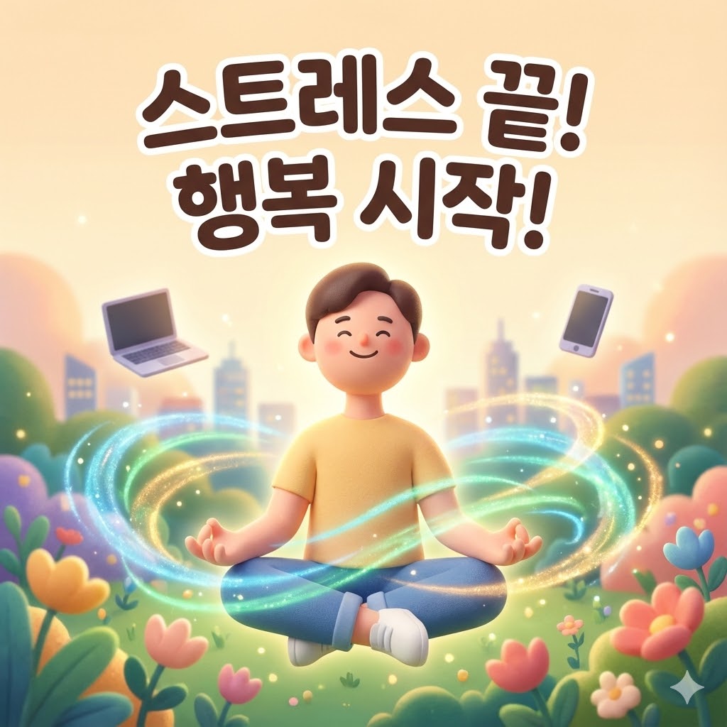 스트레스 관리와 평온을 찾은 활기찬 사람의 3D 카툰 일러스트. '스트레스 끝! 행복 시작!' 문구가 강조된 이미지.
