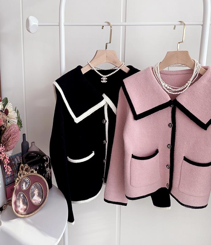 세라 세일러 빅카라 배색 니트 루즈핏 자켓 가디건