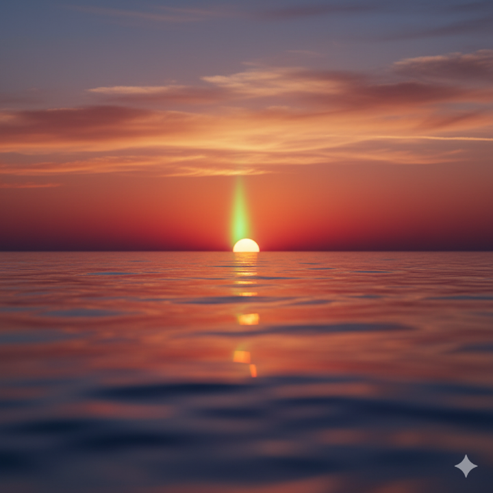 해 질 녘 수평선 위 희미한 녹색 광선 이미지