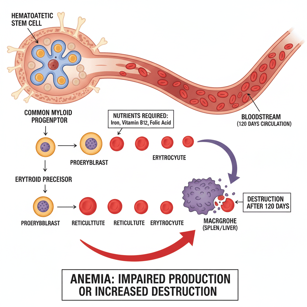 골수(bone marrow)에서 조혈모세포가 적혈구로 자라는 흐름을 단계별로 보여주는 그림