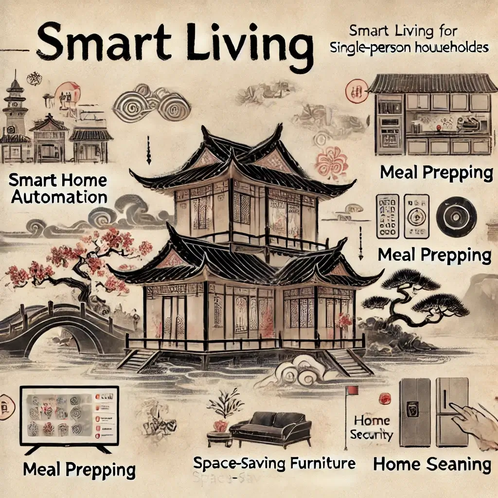 동양화 스타일로 표현된 1인 가구 스마트 생활 팁 인포그래픽입니다! 전통적인 동양화의 붓터치와 색감을 살리면서도 현대적인 생활 팁을 조화롭게 담아냈어요