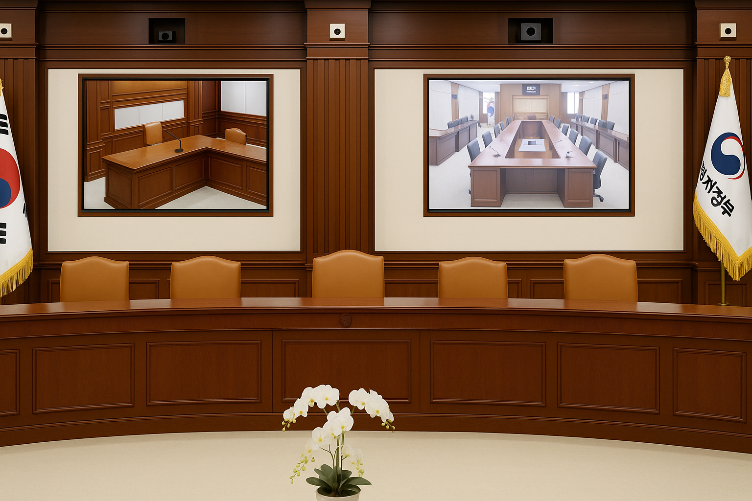 기획재정부 경제관계장관회의실 내부 전경, 사람 없이 정부 로고와 회의 테이블이 강조된 모습