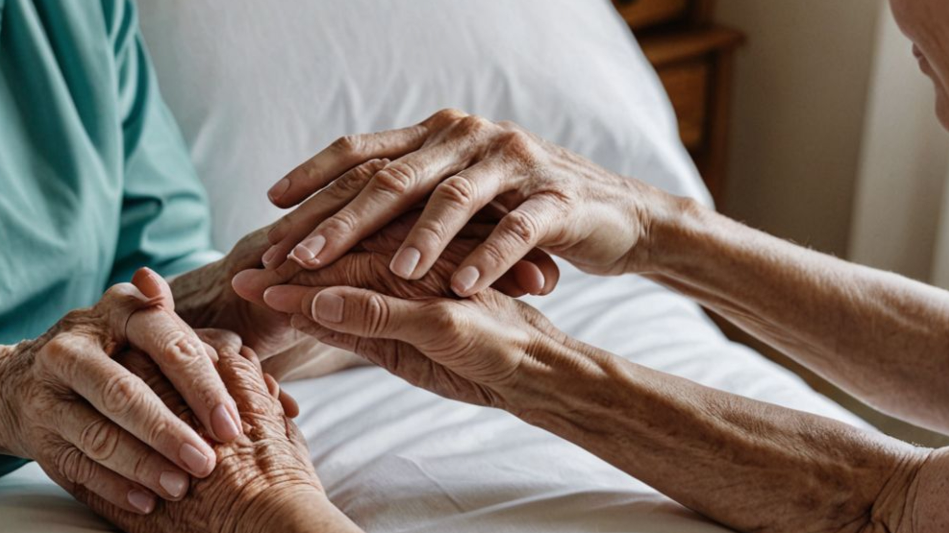 병상에 누운 환자의 손을 따뜻하게 잡아주는 보호자의 모습